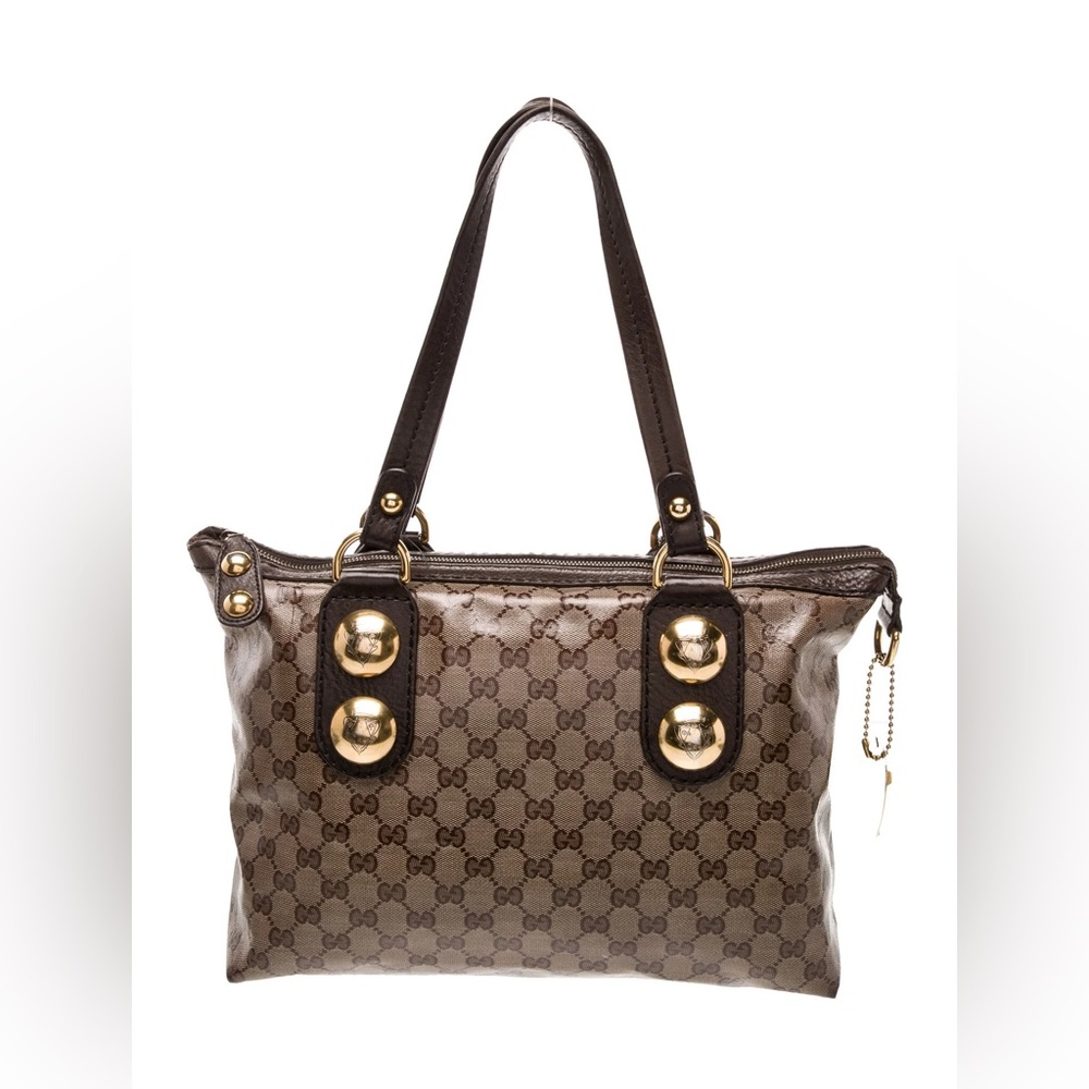 Gucci Monogram Canvas Shoulder Bag Gold Hardware Brown Tote